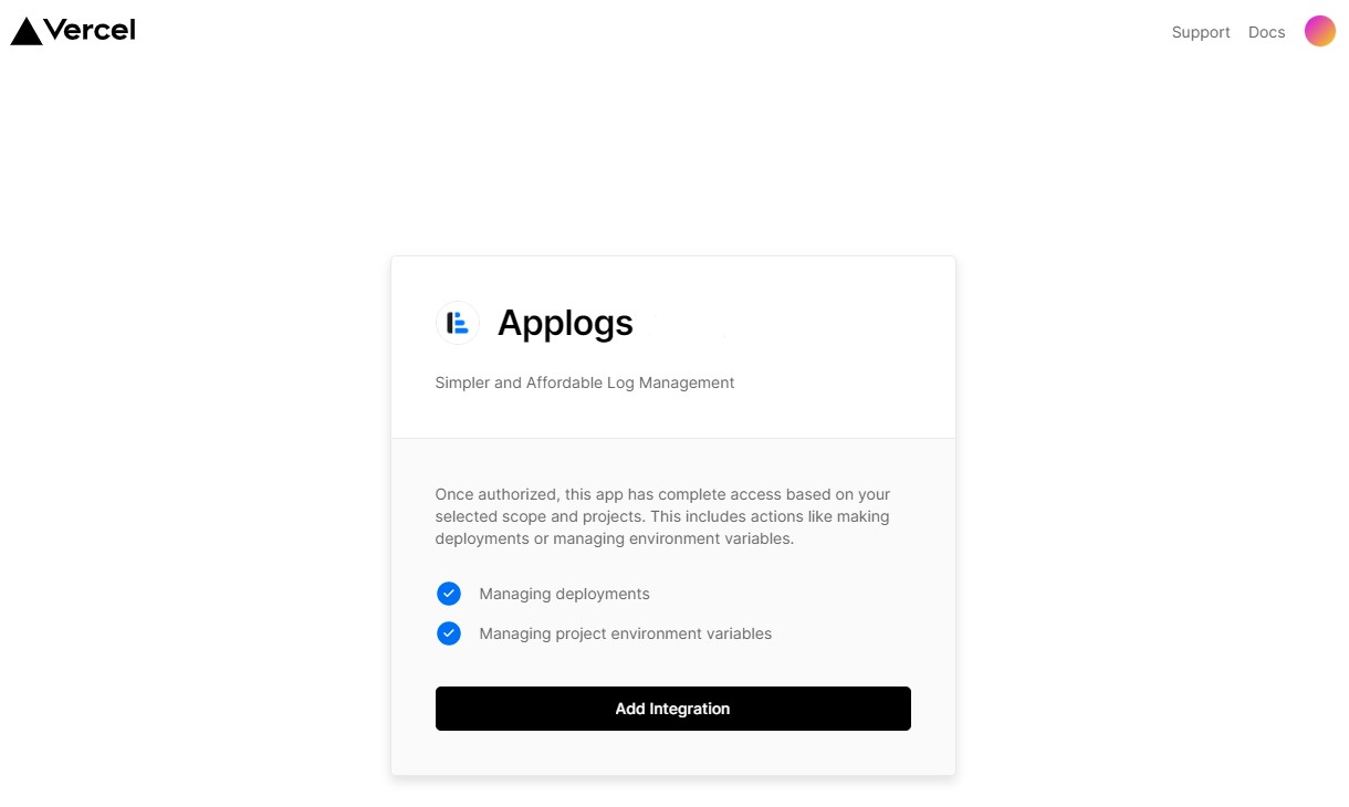 Vercel integration page